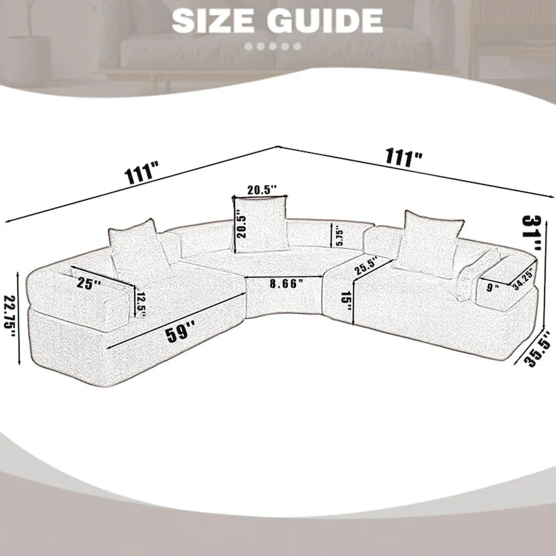 Canapé d'angle modulaire en bouclette, 3 pièces, 282 cm