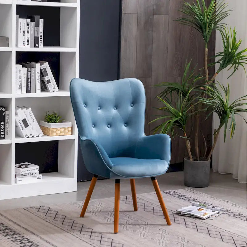 Fauteuil d'appoint capitonné en polyester bleu de 76 cm avec pieds en bois massif