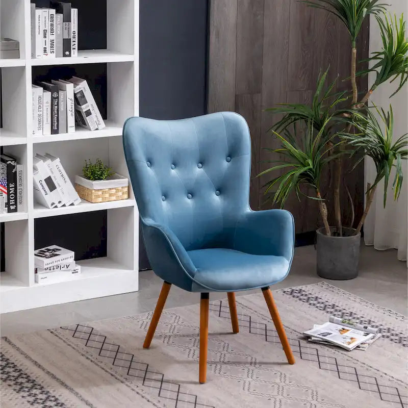Fauteuil d'appoint capitonné en polyester bleu de 76 cm avec pieds en bois massif