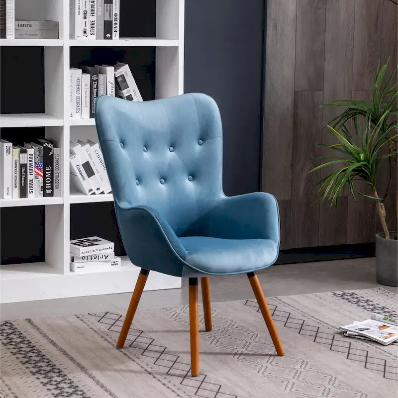 Fauteuil d'appoint capitonné en polyester bleu de 76 cm avec pieds en bois massif