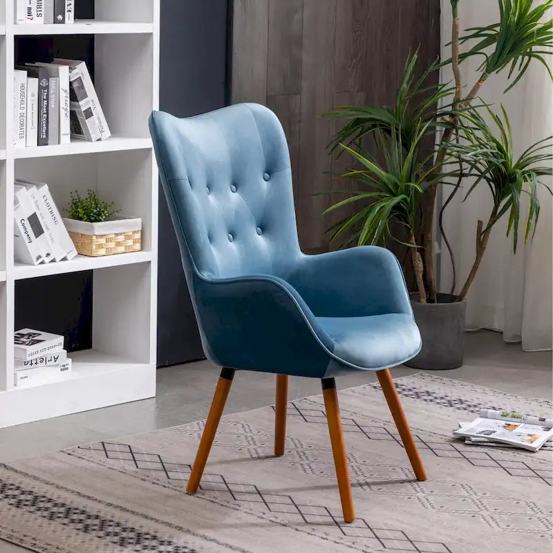 Fauteuil d'appoint capitonné en polyester bleu de 76 cm avec pieds en bois massif