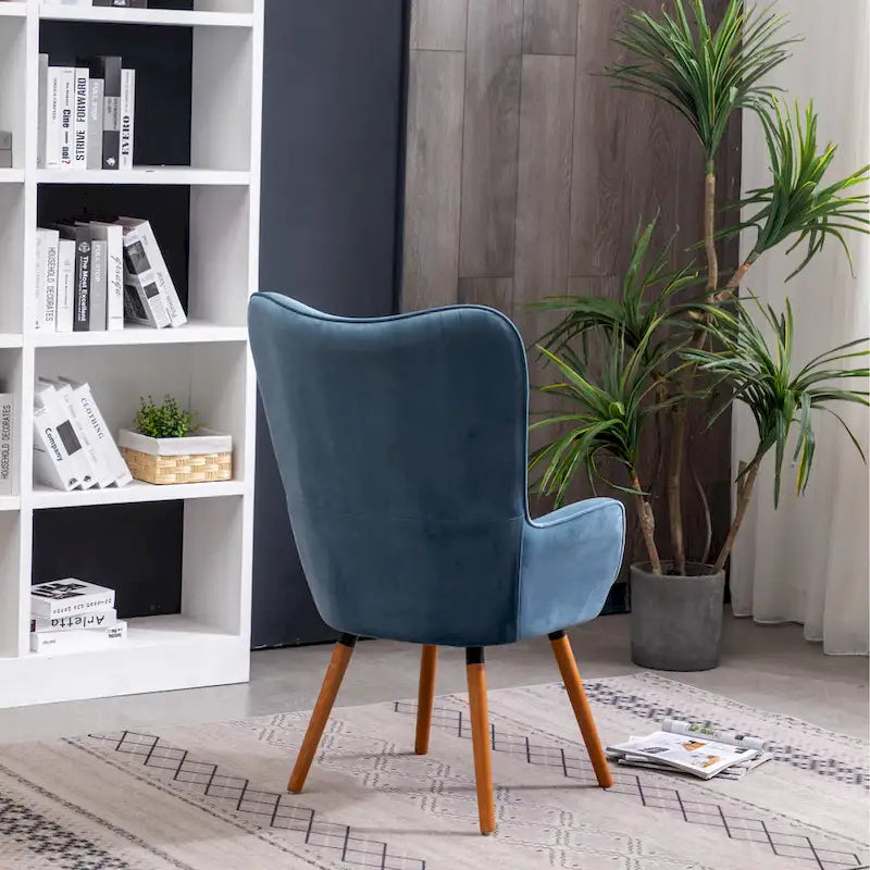 Fauteuil d'appoint capitonné en polyester bleu de 76 cm avec pieds en bois massif