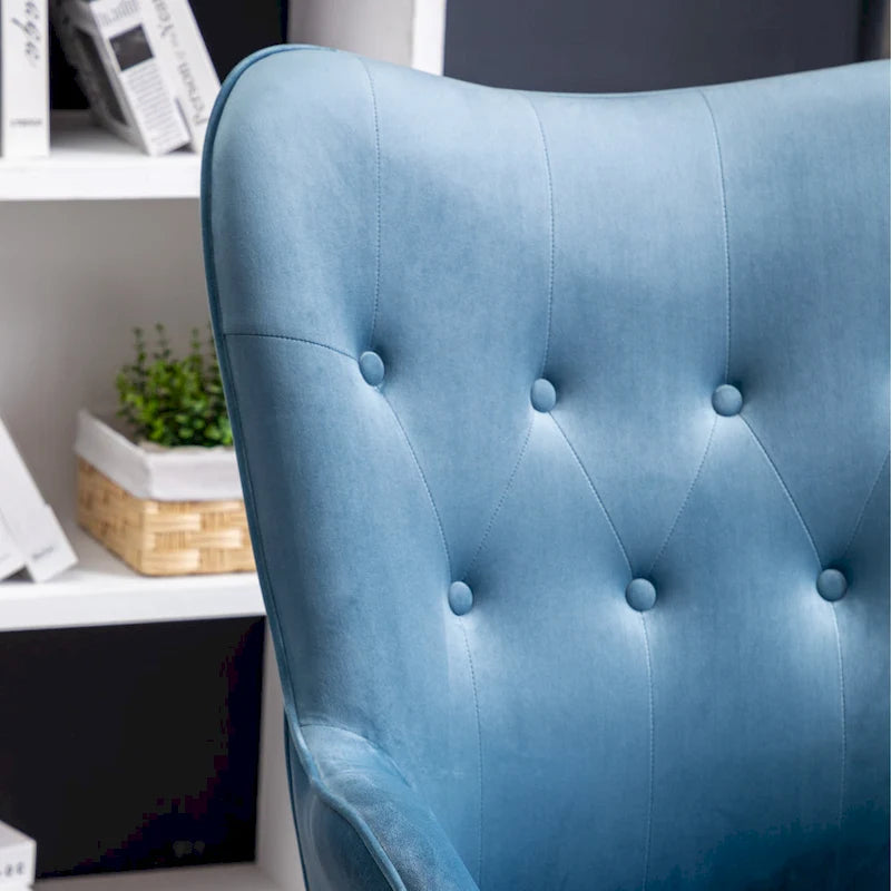 Fauteuil d'appoint capitonné en polyester bleu de 76 cm avec pieds en bois massif