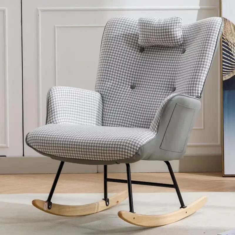 Fauteuil à bascule, fauteuil à bascule en tissu doux pied-de-poule et cuir pour chambre d'enfant