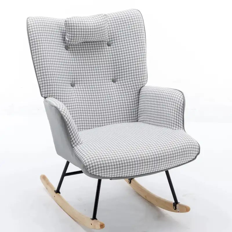 Fauteuil à bascule, fauteuil à bascule en tissu doux pied-de-poule et cuir pour chambre d'enfant