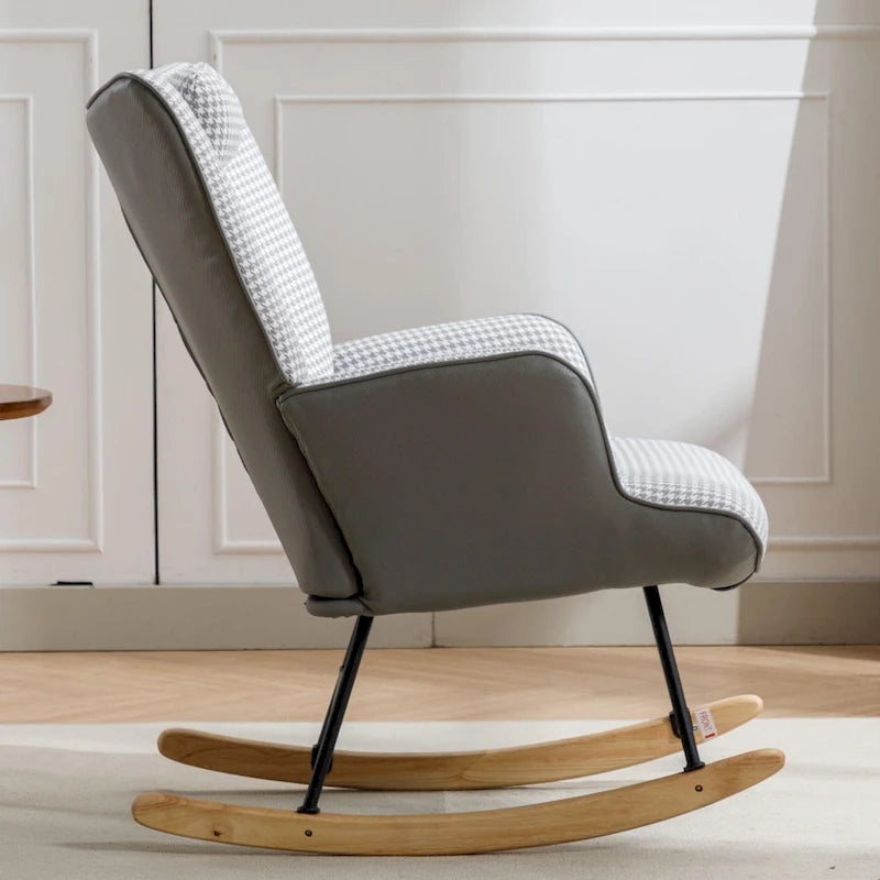 Fauteuil à bascule, fauteuil à bascule en tissu doux pied-de-poule et cuir pour chambre d'enfant
