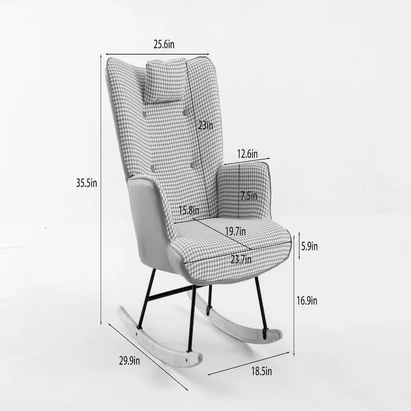 Fauteuil à bascule, fauteuil à bascule en tissu doux pied-de-poule et cuir pour chambre d'enfant