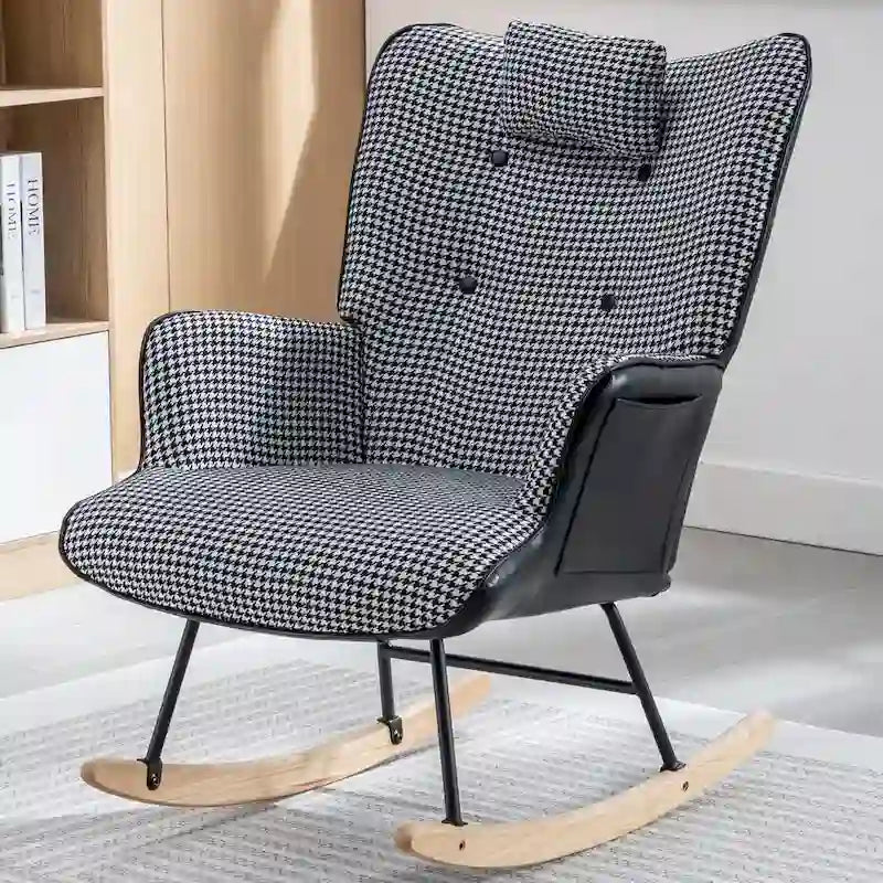 Fauteuil à bascule, fauteuil à bascule en tissu doux pied-de-poule et cuir pour chambre d'enfant