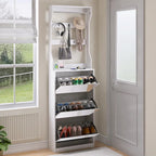 Meuble à chaussures avec miroir et 3 tiroirs basculants, organisateur de chaussures à grande capacité, crochets et cintres pour vêtements et chapeaux