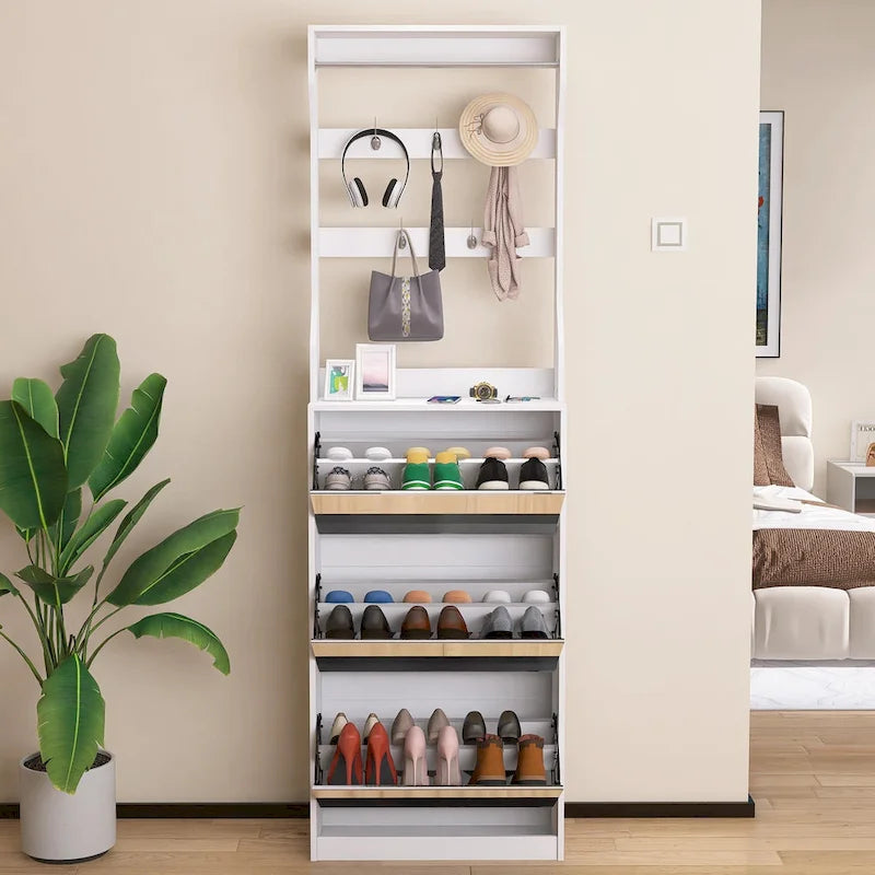 Meuble à chaussures avec miroir et 3 tiroirs basculants, organisateur de chaussures à grande capacité, crochets et cintres pour vêtements et chapeaux