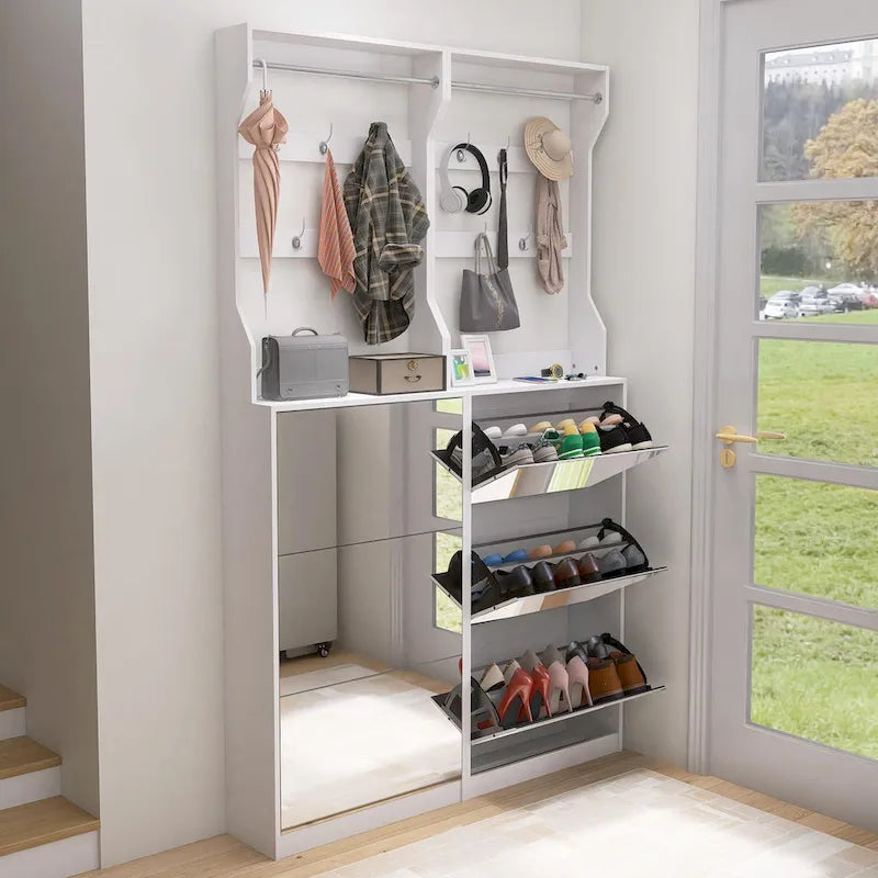 Meuble à chaussures avec miroir et 3 tiroirs basculants, organisateur de chaussures à grande capacité, crochets et cintres pour vêtements et chapeaux