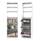 Meuble à chaussures avec miroir et 3 tiroirs basculants, organisateur de chaussures à grande capacité, crochets et cintres pour vêtements et chapeaux