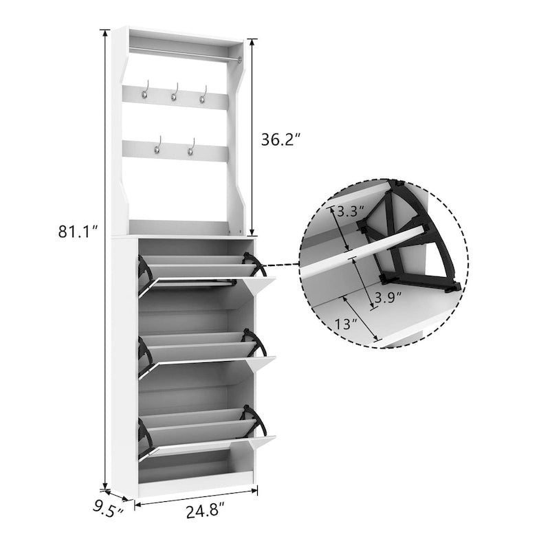 Meuble à chaussures avec miroir et 3 tiroirs basculants, organisateur de chaussures à grande capacité, crochets et cintres pour vêtements et chapeaux