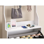 Meuble à chaussures avec miroir et 3 tiroirs basculants, organisateur de chaussures à grande capacité, crochets et cintres pour vêtements et chapeaux