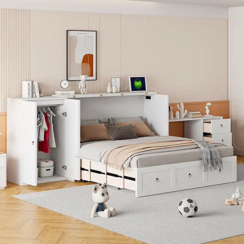 Lit escamotable Queen Size avec port USB, grand tiroir et combo armoire/bureau