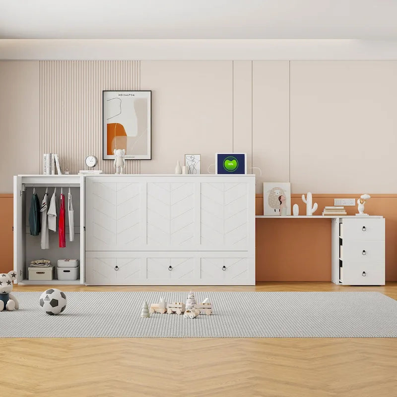 Lit escamotable Queen Size avec port USB, grand tiroir et combo armoire/bureau