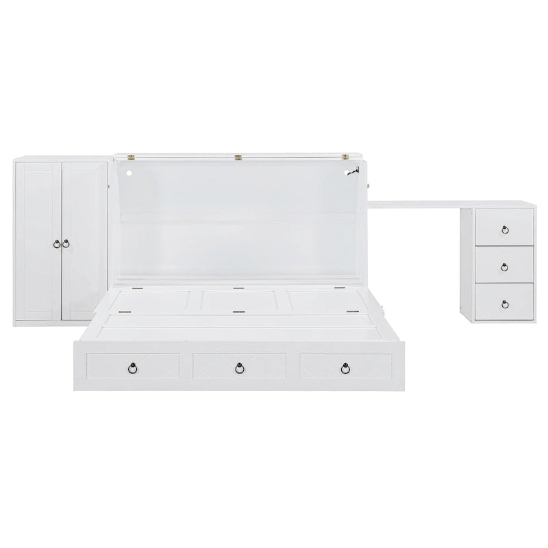 Lit escamotable Queen Size avec port USB, grand tiroir et combo armoire/bureau