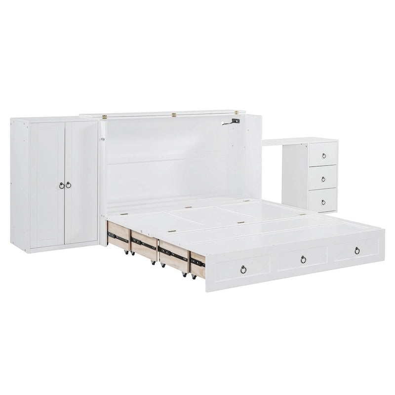 Lit escamotable Queen Size avec port USB, grand tiroir et combo armoire/bureau