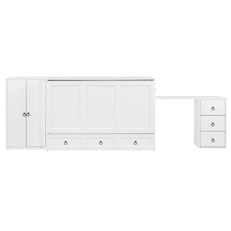 Lit escamotable Queen Size avec port USB, grand tiroir et combo armoire/bureau