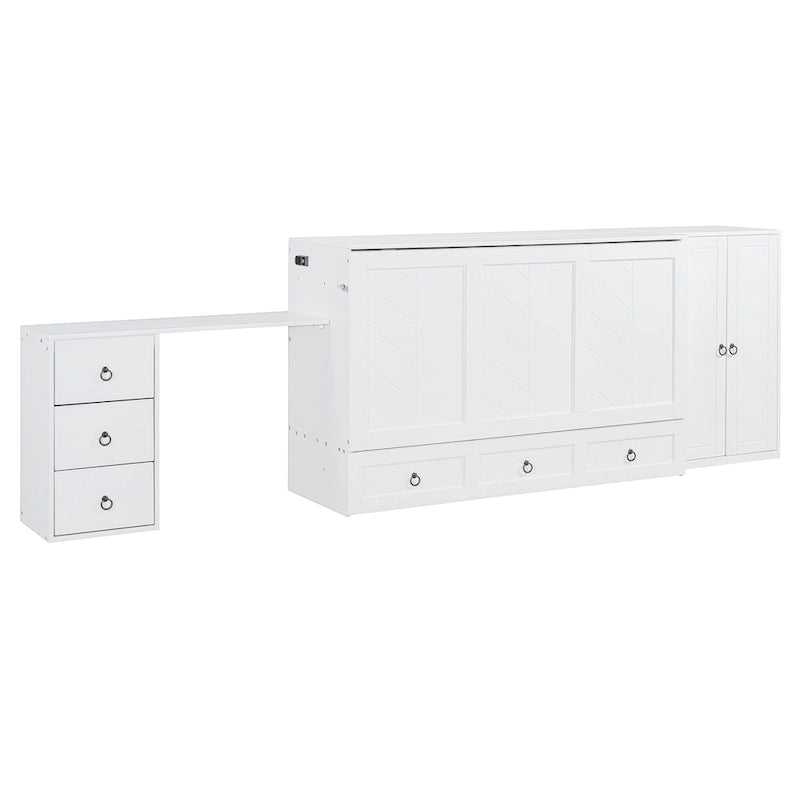 Lit escamotable Queen Size avec port USB, grand tiroir et combo armoire/bureau