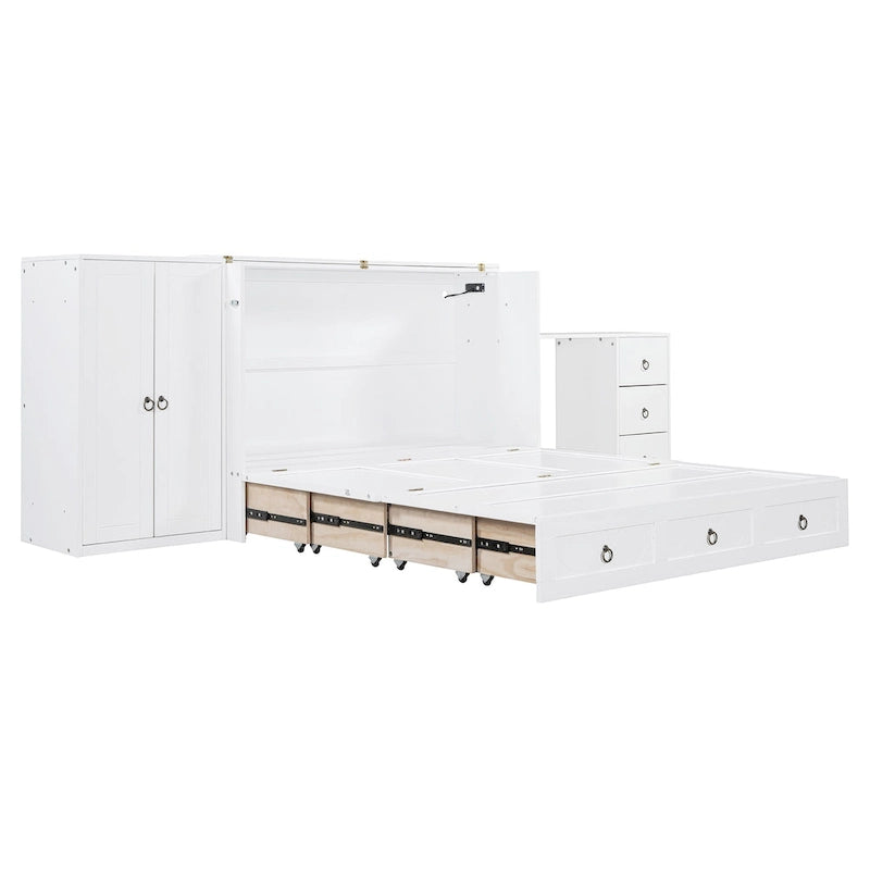 Lit escamotable Queen Size avec port USB, grand tiroir et combo armoire/bureau