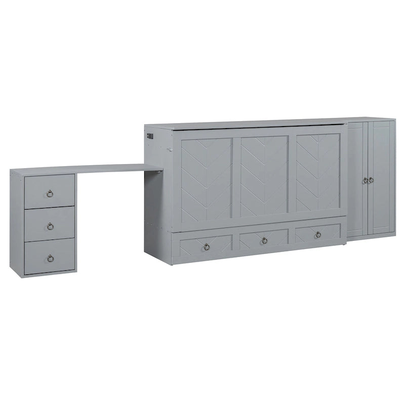Lit escamotable Queen Size avec port USB, grand tiroir et combo armoire/bureau