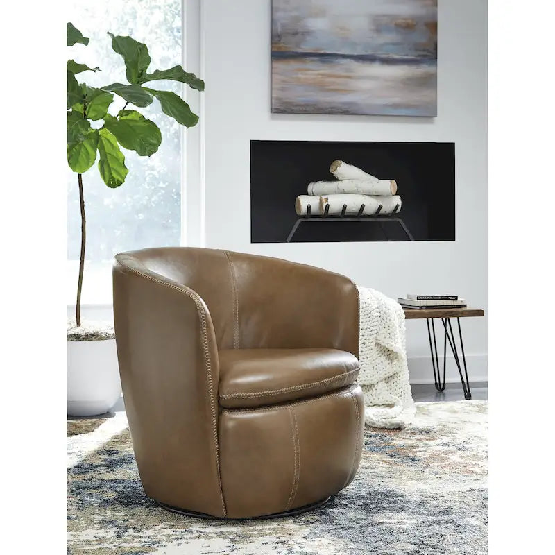 Fauteuil pivotant rond en cuir pleine fleur avec base métallique à 360° – 80,6 cm L