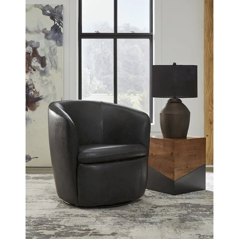 Fauteuil pivotant rond en cuir pleine fleur avec base métallique à 360° – 80,6 cm L