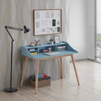 Mid Century Modern Writing Computer Desk with Hutch Shelves and 4 Wood Legs for Small Home Office or Study Room