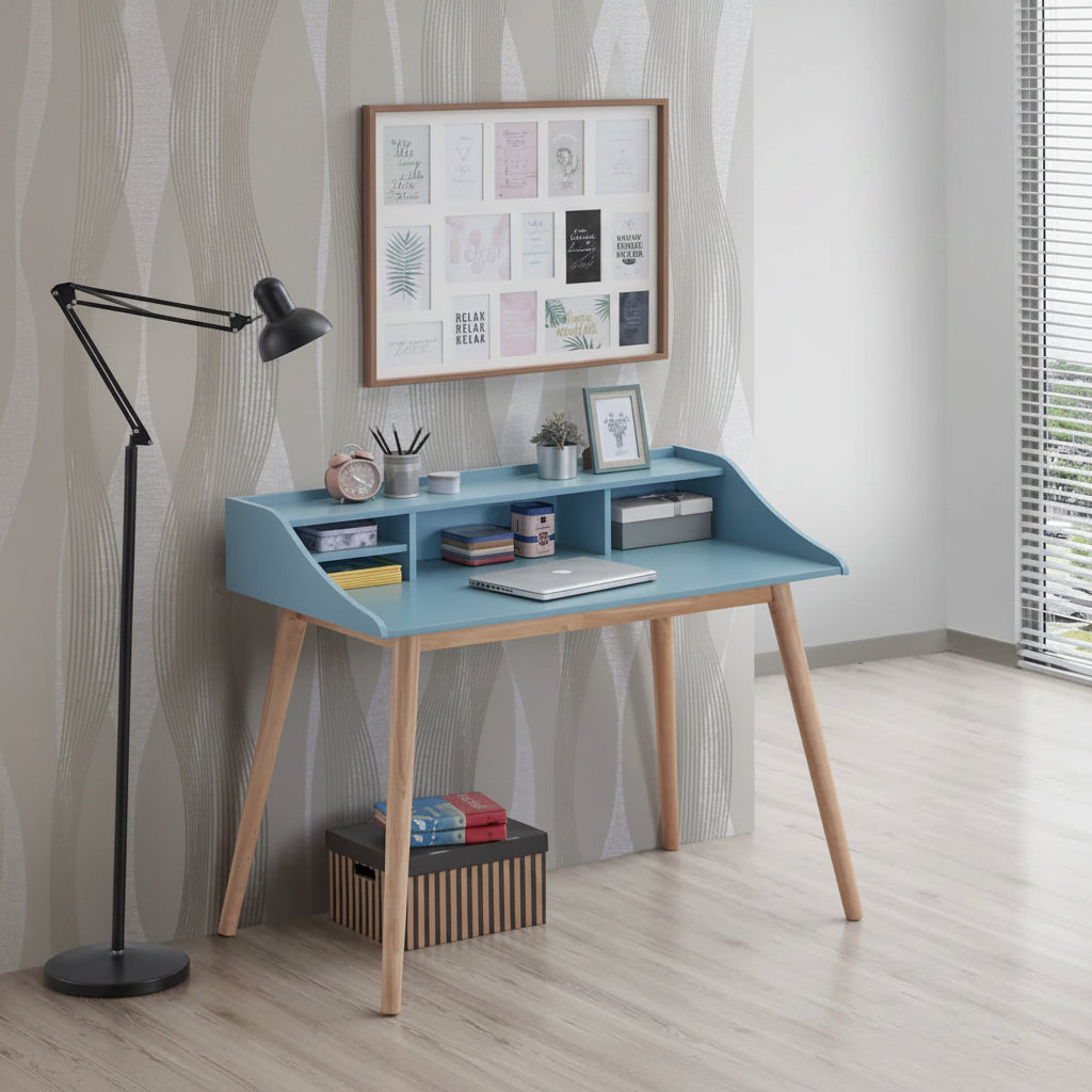 Mid Century Modern Writing Computer Desk with Hutch Shelves and 4 Wood Legs for Small Home Office or Study Room
