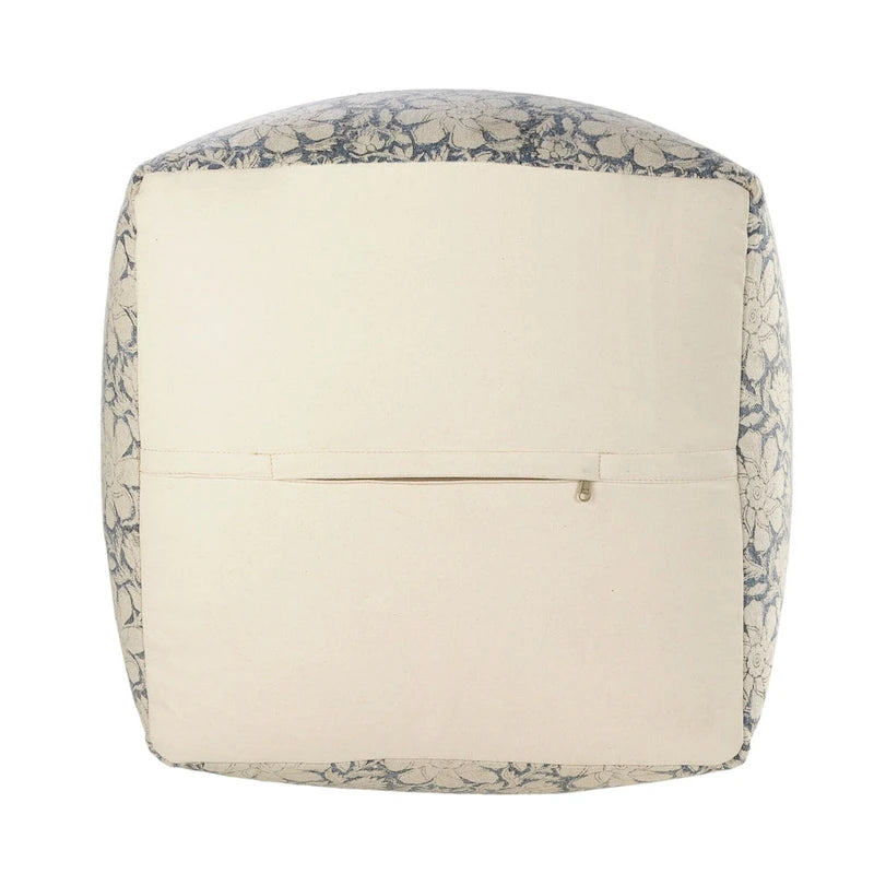 Pouf ottoman carré fait main fleuri, bleu marine et blanc, 20 po