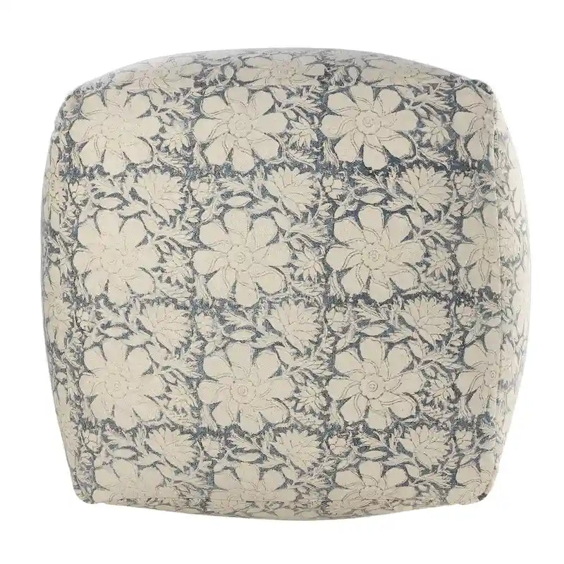 Pouf ottoman carré fait main fleuri, bleu marine et blanc, 20 po