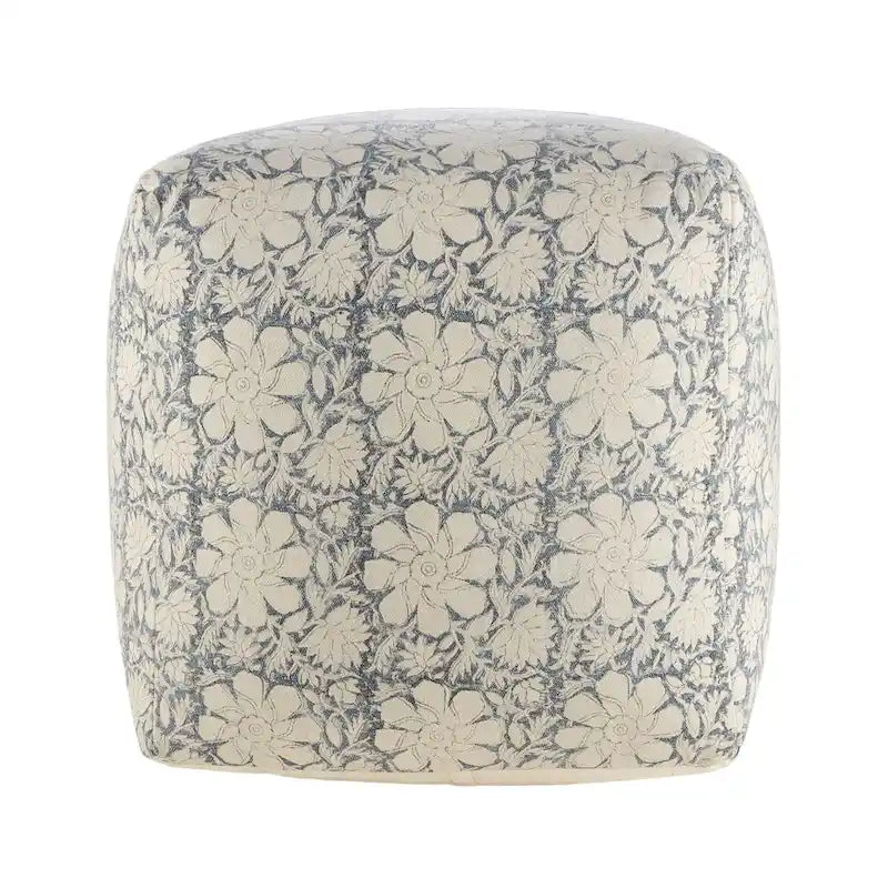 Pouf ottoman carré fait main fleuri, bleu marine et blanc, 20 po