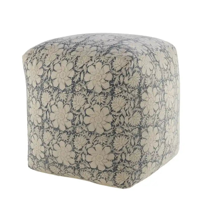 Pouf ottoman carré fait main fleuri, bleu marine et blanc, 20 po