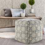 Pouf ottoman carré fait main fleuri, bleu marine et blanc, 20 po