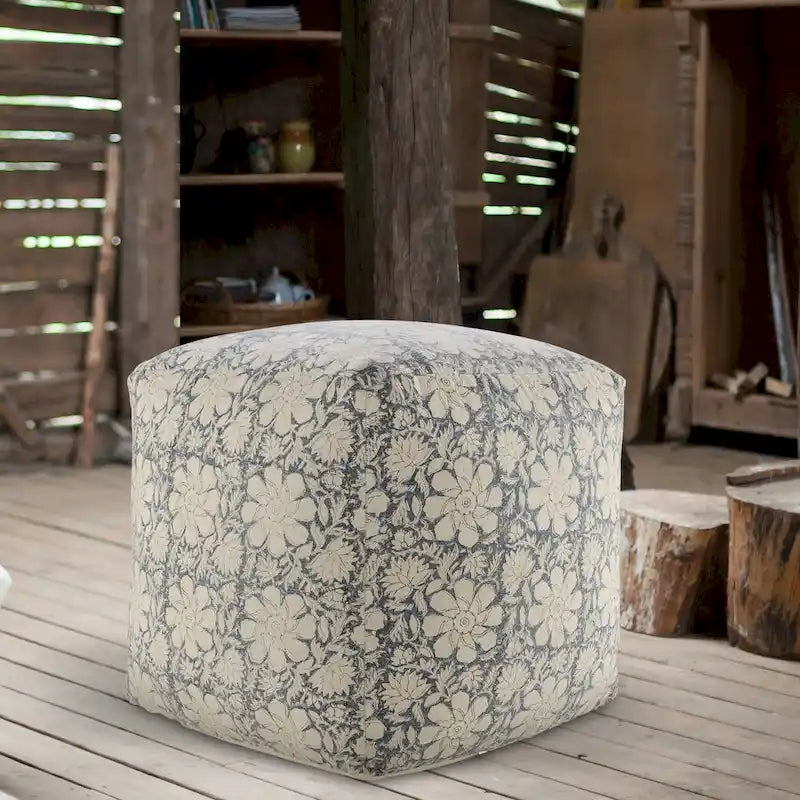 Pouf ottoman carré fait main fleuri, bleu marine et blanc, 20 po