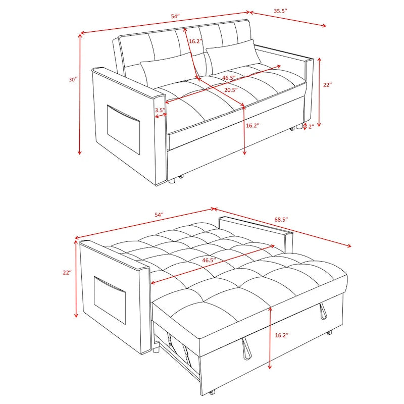 Canapé-lit convertible moderne avec futon, dossier réglable, accoudoirs
