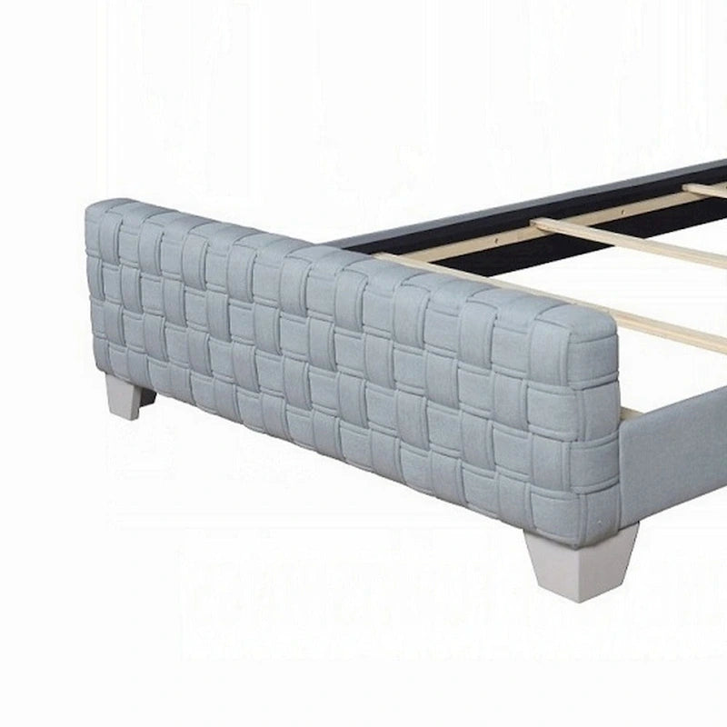 Lit King Size Reah, Chenille Bleu Sarcelle Clair, Tête de Lit à Panneaux Grise