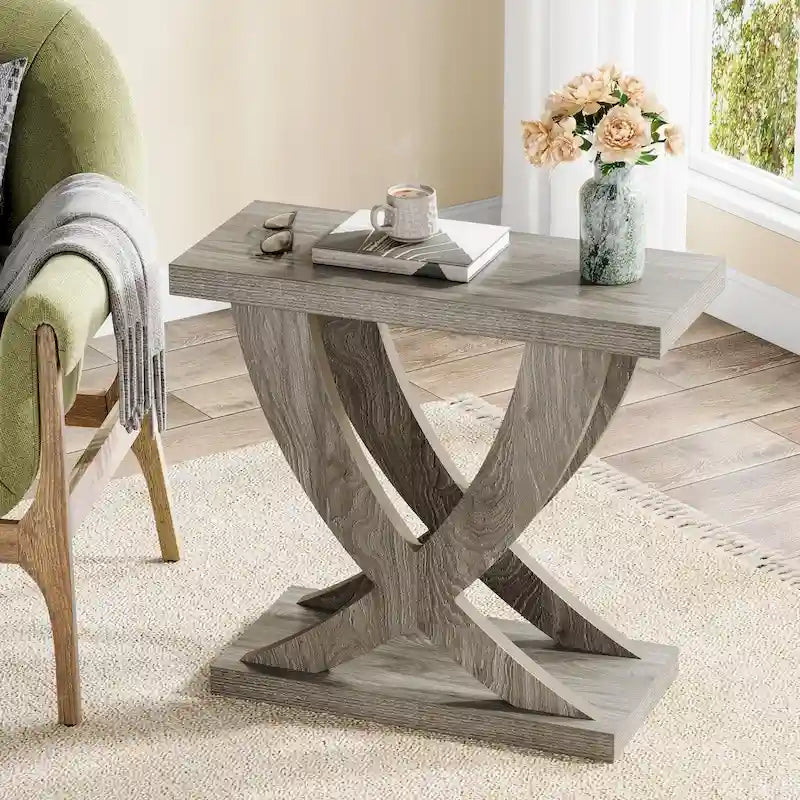 Table d'appoint de ferme, Table d'appoint étroite avec support en queue de poisson pour salon, bureau, marron
