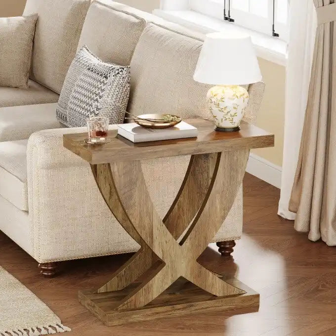 Table d'appoint de ferme, Table d'appoint étroite avec support en queue de poisson pour salon, bureau, marron