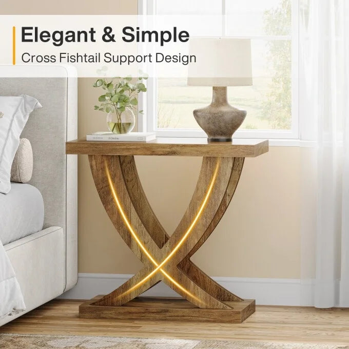 Table d'appoint de ferme, Table d'appoint étroite avec support en queue de poisson pour salon, bureau, marron