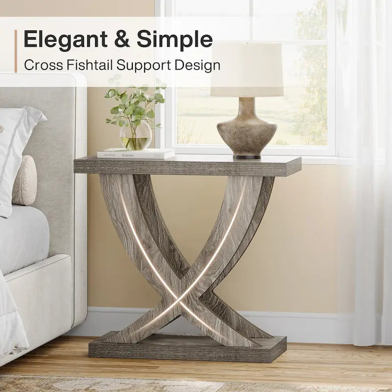 Table d'appoint de ferme, Table d'appoint étroite avec support en queue de poisson pour salon, bureau, marron