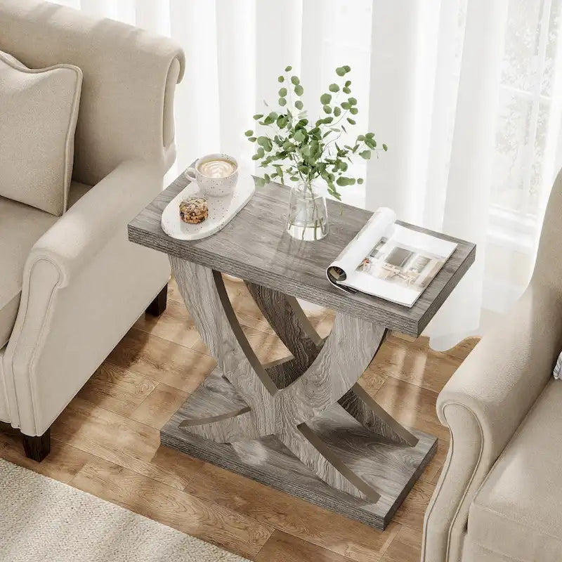 Table d'appoint de ferme, Table d'appoint étroite avec support en queue de poisson pour salon, bureau, marron