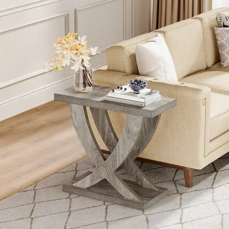 Table d'appoint de ferme, Table d'appoint étroite avec support en queue de poisson pour salon, bureau, marron