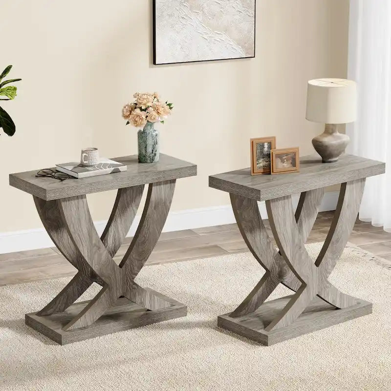 Table d'appoint de ferme, Table d'appoint étroite avec support en queue de poisson pour salon, bureau, marron