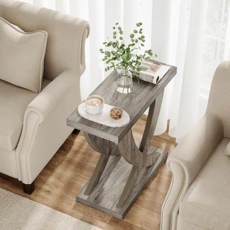 Table d'appoint de ferme, Table d'appoint étroite avec support en queue de poisson pour salon, bureau, marron