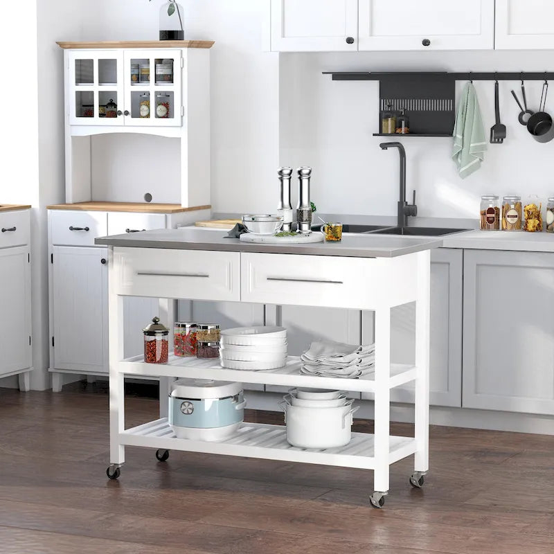 Îlot de cuisine avec plateau en acier inoxydable (tabouret non inclus)
