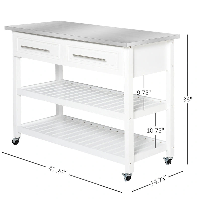Îlot de cuisine avec plateau en acier inoxydable (tabouret non inclus)