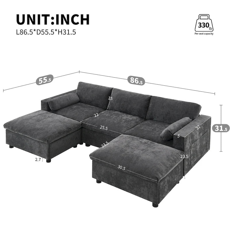 Canapé modulaire sectionnel en U avec poches de rangement, oreillers, pouf