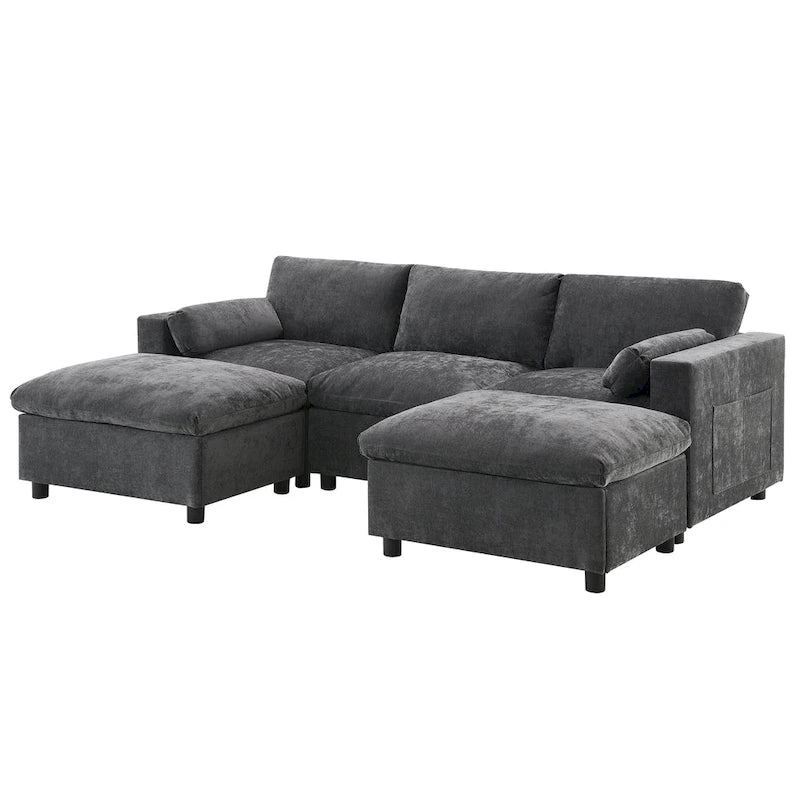 Canapé modulaire sectionnel en U avec poches de rangement, oreillers, pouf